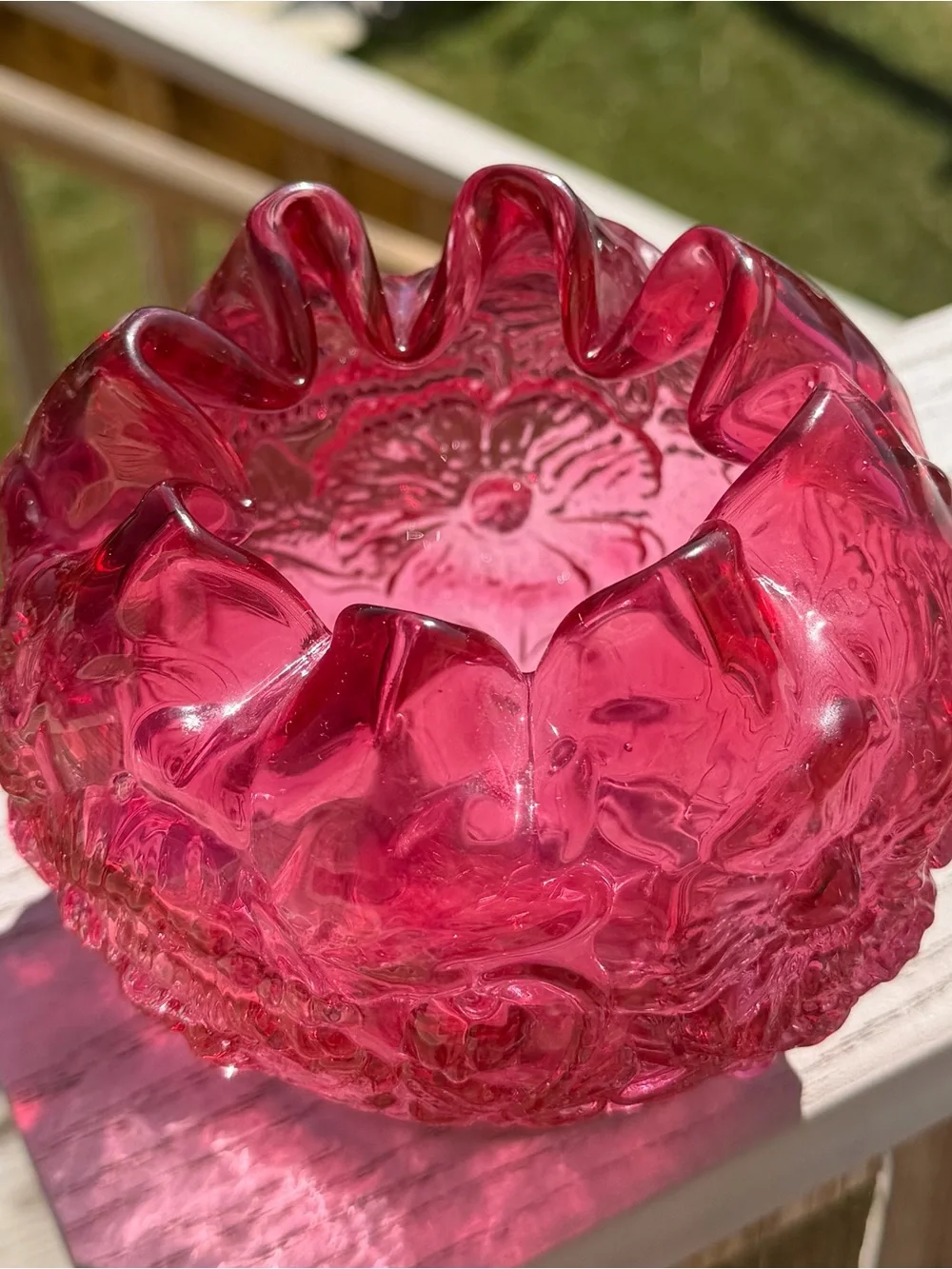 Fenton 1970s Cranberry Rose Poppy Embossed Flowers Crimped Top Rose Bowl Vase